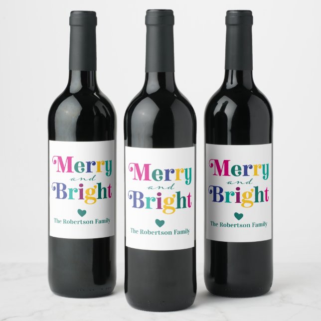 Merry and Bright Christmas Holiday Gift Bottle Wine Label (Bottles)