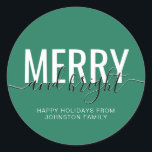 Merry and bright Christmas holiday green Classic Round Sticker<br><div class="desc">Merry and bright Christmas holiday green classic round sticker</div>