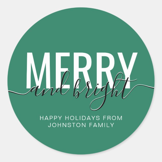 Merry and bright Christmas holiday green Classic Round Sticker (Front)