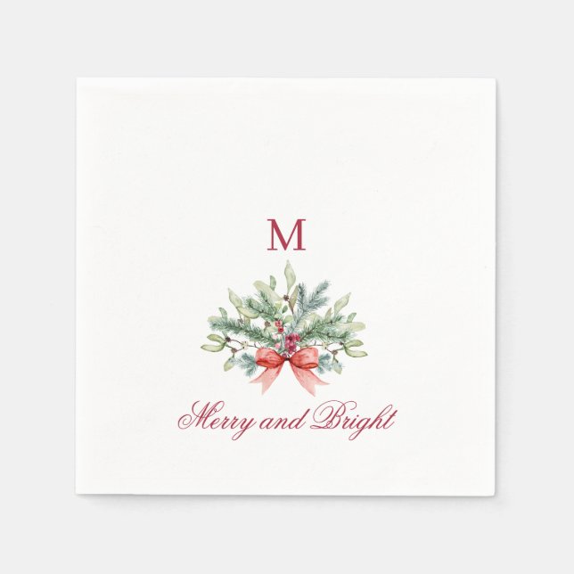 Merry and Bright Christmas Holiday Greenery Napkin (Front)