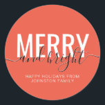 Merry and bright Christmas holiday orange Classic Round Sticker<br><div class="desc">Merry and bright Christmas holiday orange classic round sticker</div>
