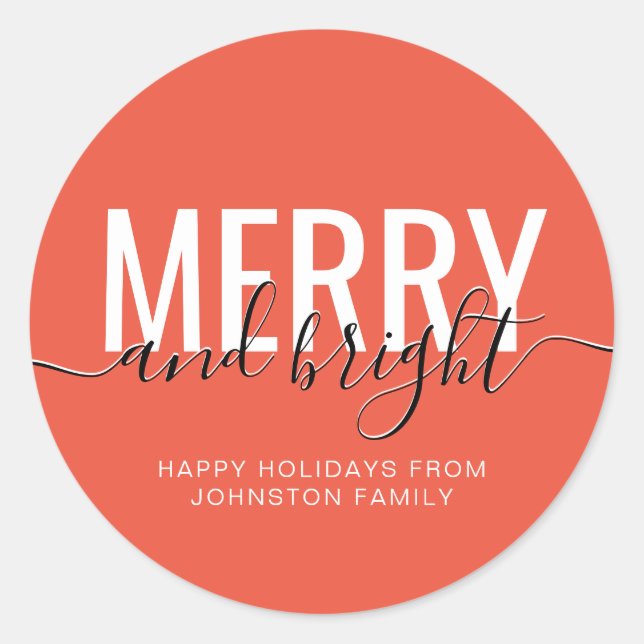 Merry and bright Christmas holiday orange Classic Round Sticker (Front)