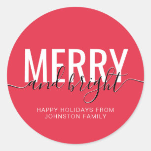 Merry and bright Christmas holiday red Classic Round Sticker