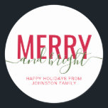Merry and bright Christmas holiday white Classic Round Sticker<br><div class="desc">Merry and bright Christmas holiday white classic round sticker</div>