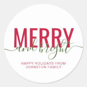 Merry and bright Christmas holiday white Classic Round Sticker