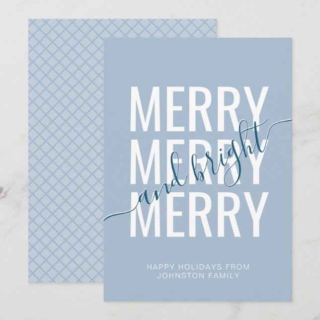 Merry and bright Christmas light blue chequered Holiday Card (Front/Back)