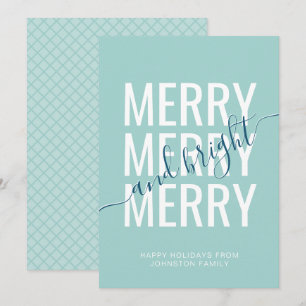 Merry and bright Christmas light teal chequered Holiday Card