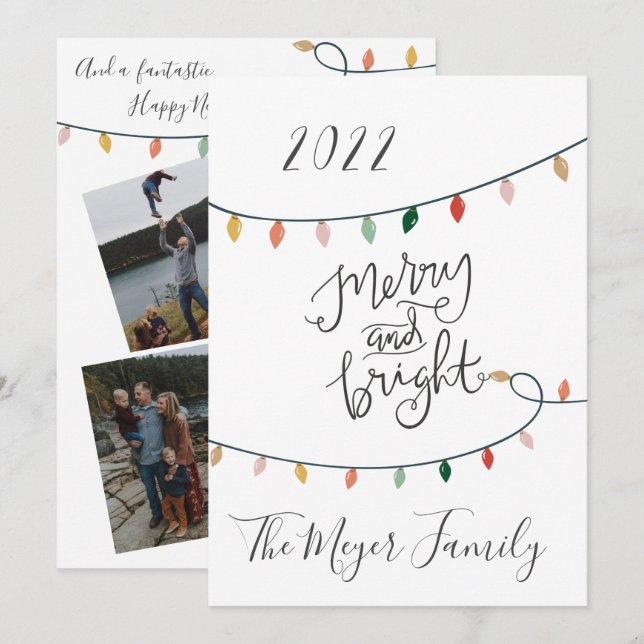 Merry And Bright Christmas Lights 4 Photo Holiday Card (Front/Back)