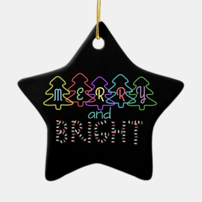 Merry and Bright Christmas Lights Ceramic Tree Decoration (Front)