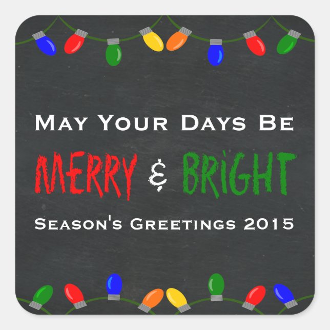 Merry and Bright Christmas Lights Chalkboard Square Sticker (Front)