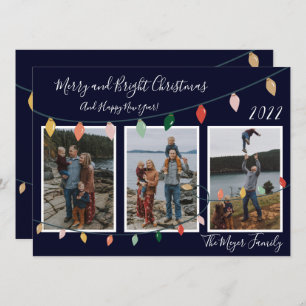 Merry and Bright Christmas Lights Dark Blue Photo Holiday Card