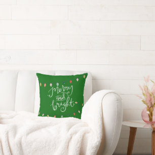 Merry and Bright  Christmas Lights   Green Cushion