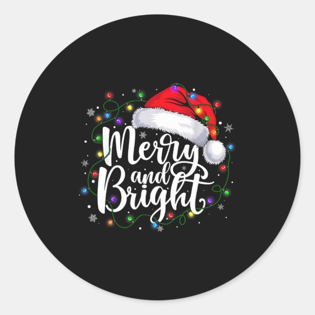 Merry And Bright Christmas Lights Santa Hat Xmas H Classic Round Sticker (Front)
