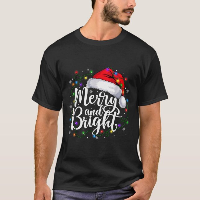 Merry And Bright Christmas Lights Santa Hat Xmas H T-Shirt (Front)
