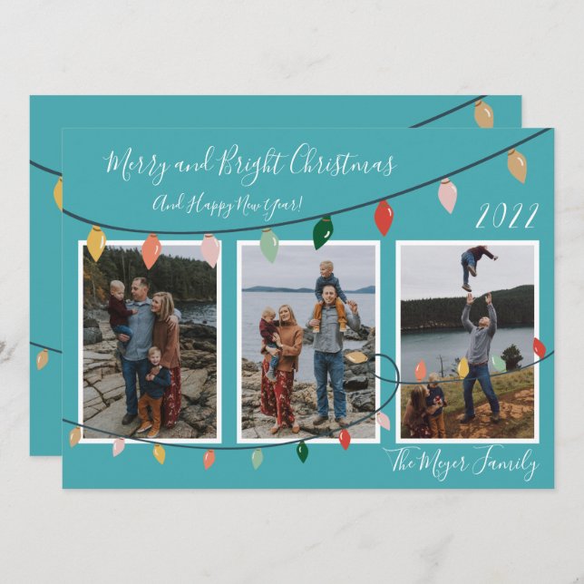 Merry and Bright Christmas Lights Turquoise Photo Holiday Card (Front/Back)