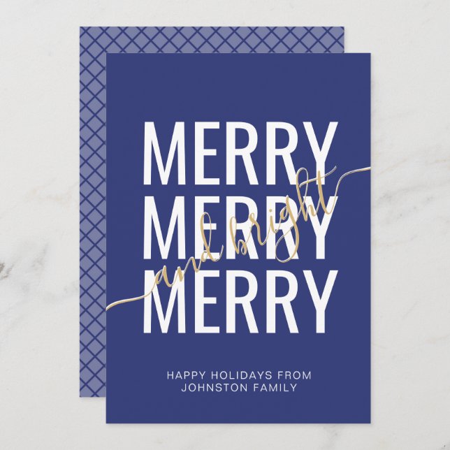 Merry and bright Christmas navy blue chequered Holiday Card (Front/Back)