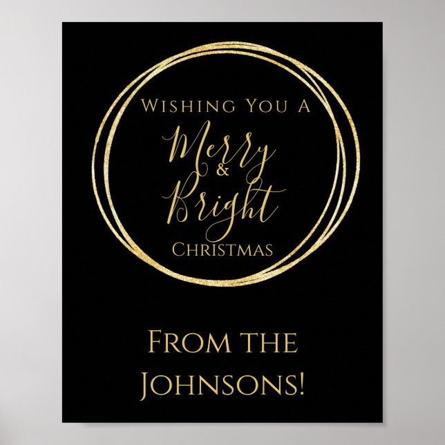 Merry and Bright Christmas Party Black Gold Poster (Front)