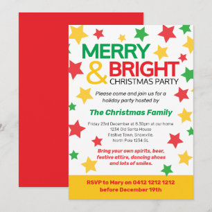 Merry and Bright Christmas party star yellow red Invitation