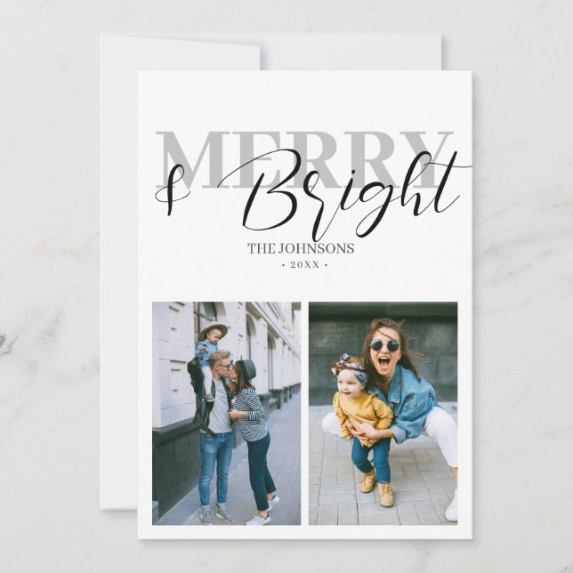 Merry And Bright Christmas Photo Minimalist Holiday Card (Front)