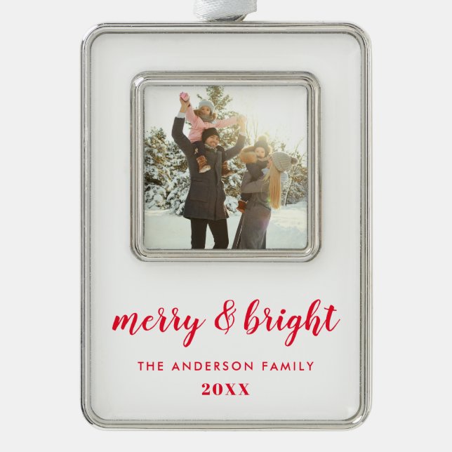 Merry and Bright Christmas Photo Silver Plated Framed Ornament (Front)