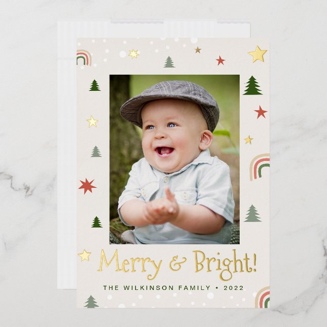 Merry and Bright Christmas Pine Stars Custom Photo Foil Holiday Card (Envelope)
