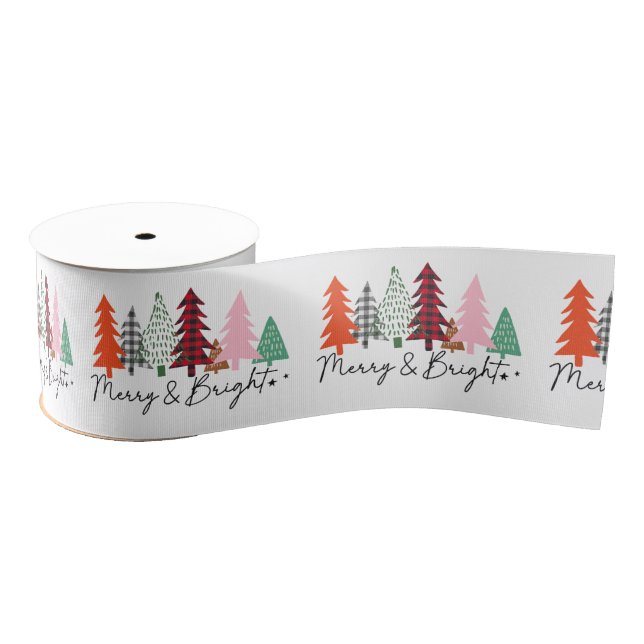 Merry and Bright Christmas pine tree pattern Grosgrain Ribbon (Spool)