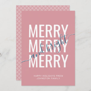 Merry and bright Christmas pink chequered pattern Holiday Card