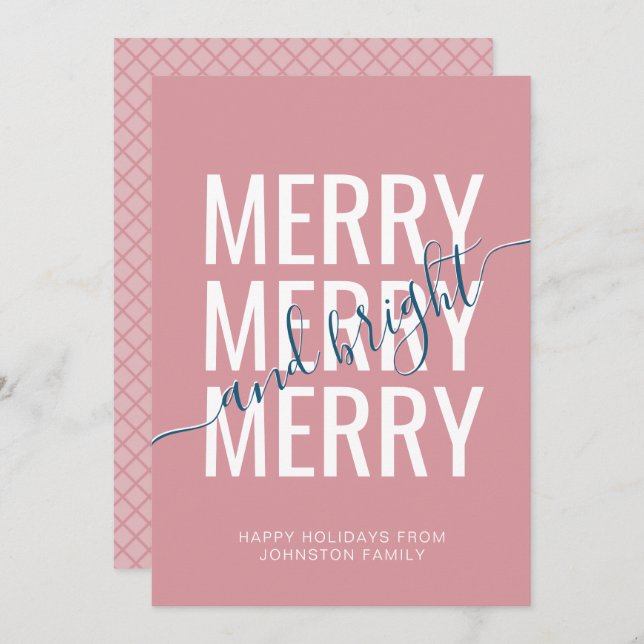 Merry and bright Christmas pink chequered pattern Holiday Card (Front/Back)