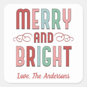 Merry and Bright Christmas Pink Red Gift Square Sticker