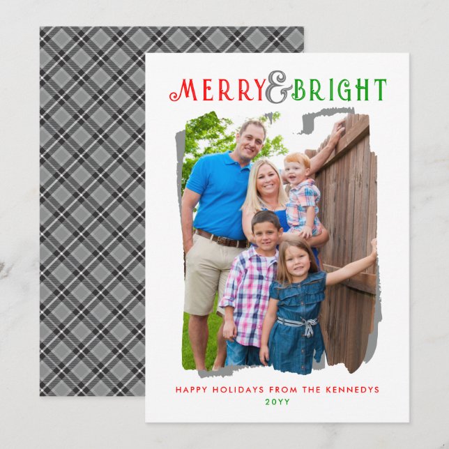 Merry And Bright Christmas Plaid Family Photo Holiday Card (Front/Back)