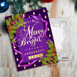 Merry and Bright Christmas Purple Foil Holiday Postcard