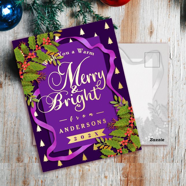 Merry and Bright Christmas Purple Foil Holiday Postcard (Merry and Bright Christmas Purple Foil Holiday Postcard)