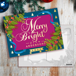 Merry and Bright Christmas Red Blue Foil Holiday Postcard