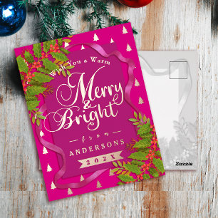 Merry and Bright Christmas Red Foil Holiday Postcard