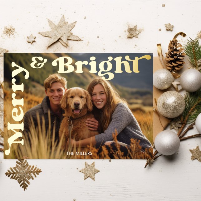 Merry And Bright Christmas Retro Typography Photo Foil Holiday Card (Merry And Bright Christmas Retro Typography Photo Foil Holiday Card)