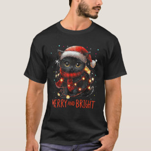 Merry and Bright Christmas Santa Cat Funny Xmas Ca T-Shirt