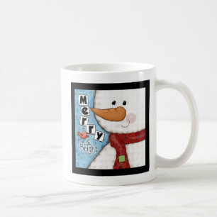 Merry and Bright Christmas Snowman and Red Bird Coffee Mug