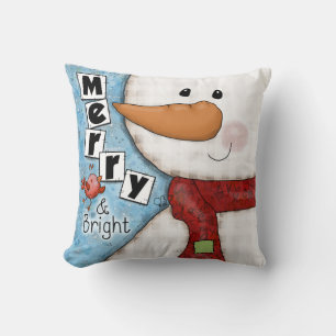 Merry and Bright Christmas Snowman and Red Bird Cushion