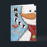 Merry and Bright Christmas Snowman and Red Bird Holiday Card<br><div class="desc">This Christmas design is a digital mixed media painting featuring a cute snowman with a gingham pattern undertone He wears a large carrot nose and a red scarf with a collage of letters and a green patch sewn in place. A little red bird flutters by as if to say hello...</div>