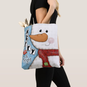 Merry and Bright Christmas Snowman and Red Bird Tote Bag