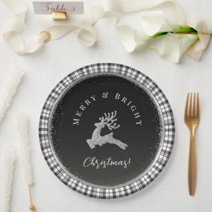 Merry and Bright Christmas Stag Black White Plaid Paper Plate