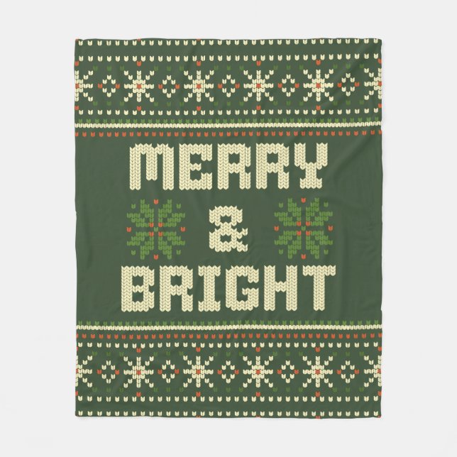 Merry and Bright Christmas Sweater Nordic Knit  Fleece Blanket (Front)