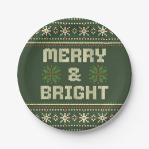 Merry and Bright Christmas Sweater Nordic Knit  Paper Plate