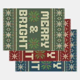 Merry and Bright Christmas Sweater Nordic Knit Wrapping Paper Sheet