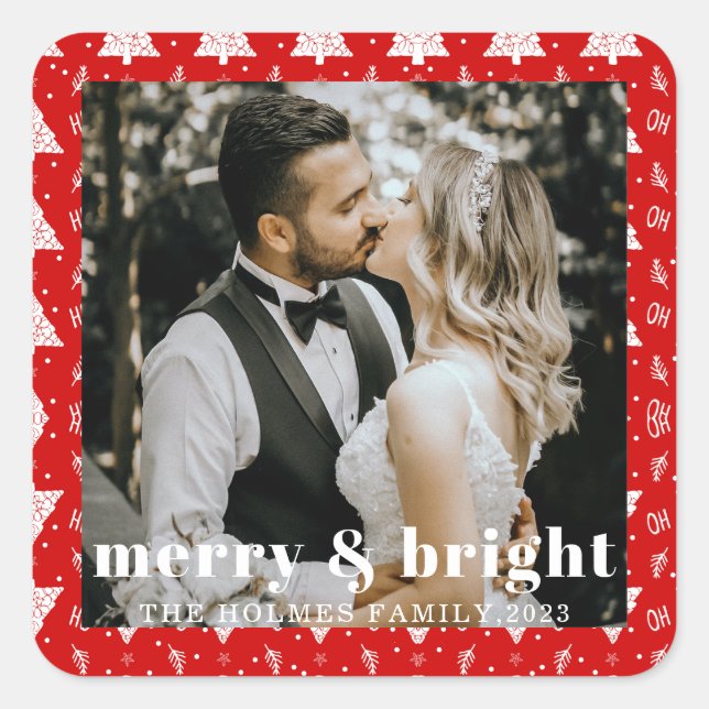 merry and bright christmas tree couple photo red square sticker (Front)