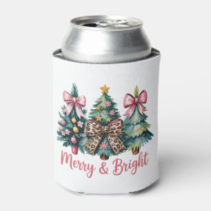 Merry And Bright Christmas Tree Pink Leopard Bow Can Cooler