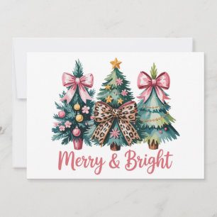 Merry And Bright Christmas Tree Pink Leopard Bow Holiday Card