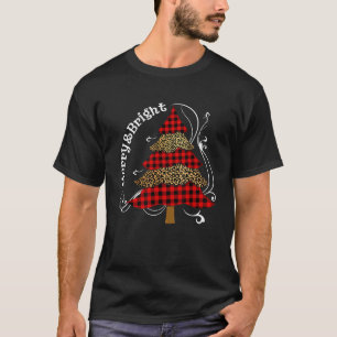 Merry and Bright Christmas Tree Plaid Leopard Fami T-Shirt