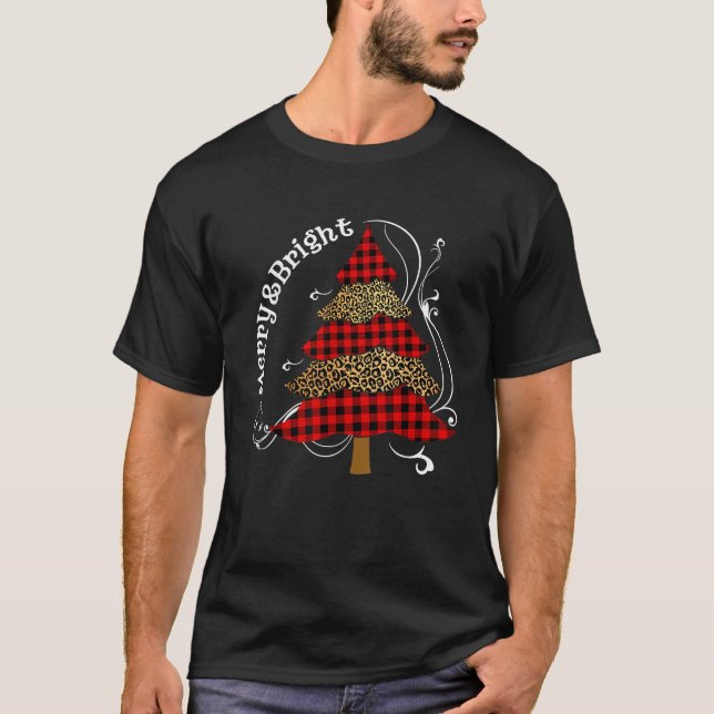 Merry and Bright Christmas Tree Plaid Leopard Fami T-Shirt (Front)
