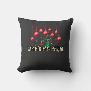 Merry and Bright Christmas Tree Red Ornaments Holi Cushion